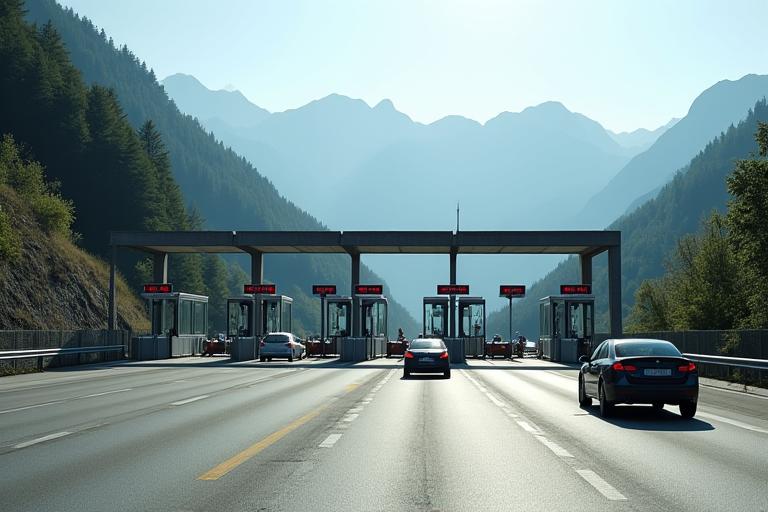 A toll plaza (Mautstelle) on a mountain road in the Austrian Alps.