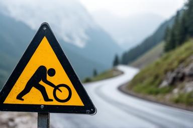 A road sign warning of potential snow and ice on a high alpine road.