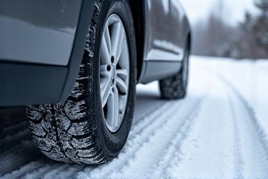 A car with winter tires driving on a snowy road.